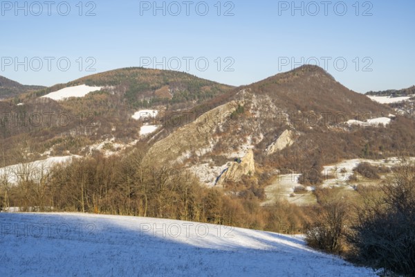 Cervenokamenské cliff (cervenokamenske bradlo), a huge rock at a mountain with bushes, trees and