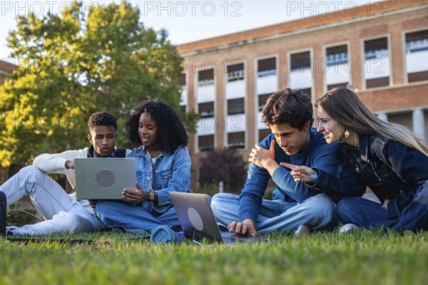 Group of diverse university students sitting on green campus grass, studying together and sharing