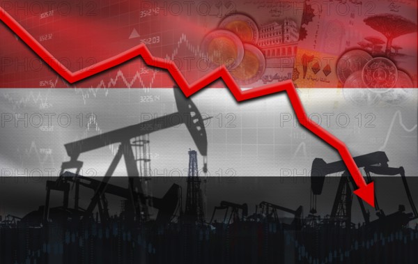 Petroleum crisis with Yemen flag on financial graph. Fall oil price with flag of Yemen on economic