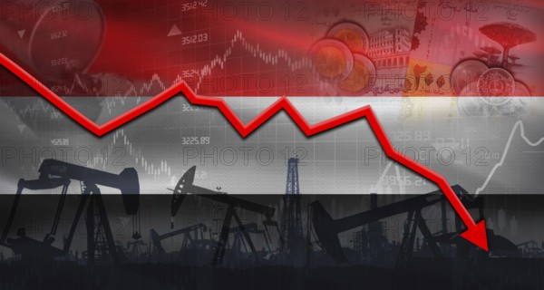 Fall oil price with flag of Yemen on economic chart, Petrol crisis with Yemen flag on financial
