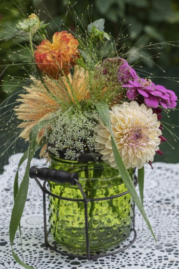 Small bouquet with dahlias, zinnias and grasses, North Rhine-Westphalia, Germany