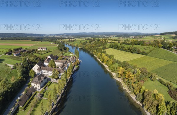 Aerial view, panorama of the former convent of the Dominican nuns St. Katharinental am Rhein near