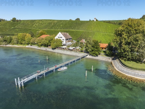 Aerial view of the jetty at the historic Rebgut Haltnau with catering business, outdoor catering