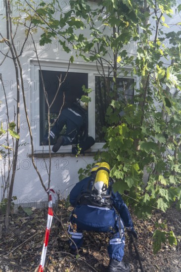 Civil defence exercise scenario, after a drone attack on a residential area, emergency services