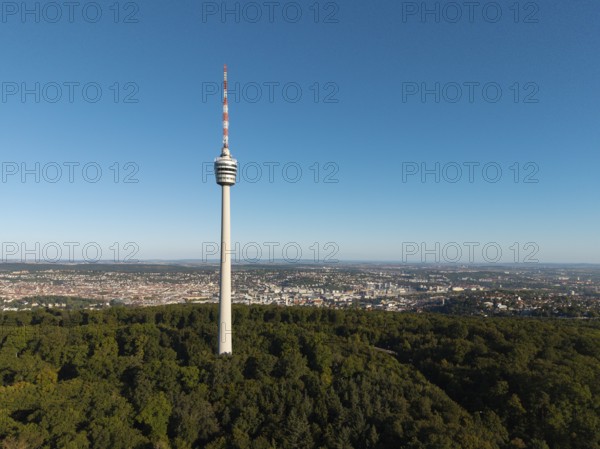 Television tower rises above a wooded area with an urban view, Stuttgart, Baden-Württemberg,