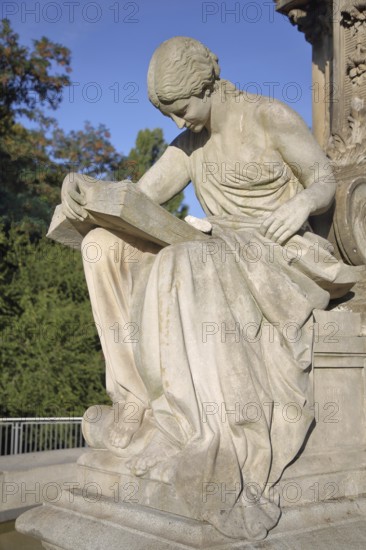 Seated white female figure reading a thick book as a symbol of science, allegory, knowledge,