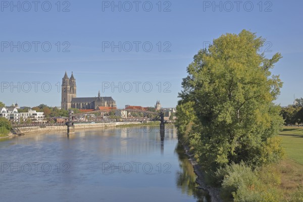 Elbe with lift bridge, Gothic Magdeburg Cathedral of St Mauritius and St Katharina, church,