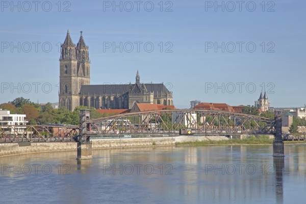 Elbe with lift bridge, Gothic Magdeburg Cathedral of St Mauritius and St Katharina, church,