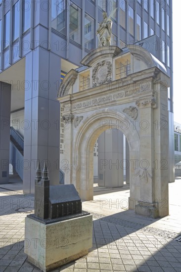 St Catherine's portal built in 1668 with patron saint Catherine of Alexandria and model monument to