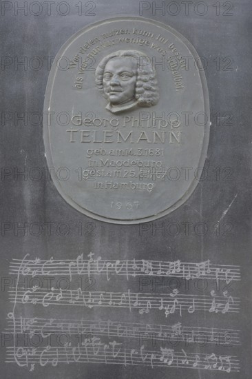 Telemann stele with relief of the composer Georg Philipp Telemann, inscription, bronze, text,