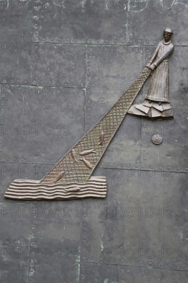 Relief with fisherman with fishing net in water at the church door, biblical parable, biblical