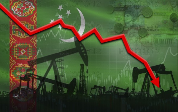 Petrol crisis with Turkmenistan flag on financial graph. Fall oil price with flag of Turkmenistan