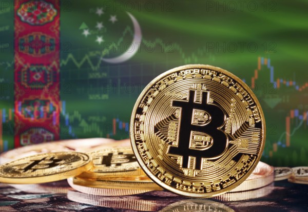 Bitcoin with Turkmenistan flag in the background. Investors in cryptocurrency and Blockchain