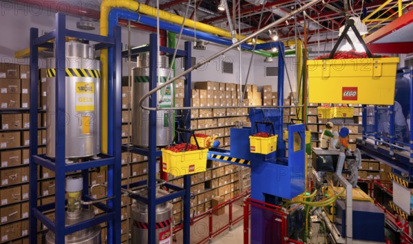 LEGO factory, granulate, transport, warehouse, production facility, manufacturing, LEGOLAND theme