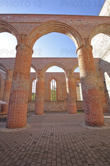 Interior view of the St Bartholomäi church ruins, view upwards, open, archways, columns, pillars,