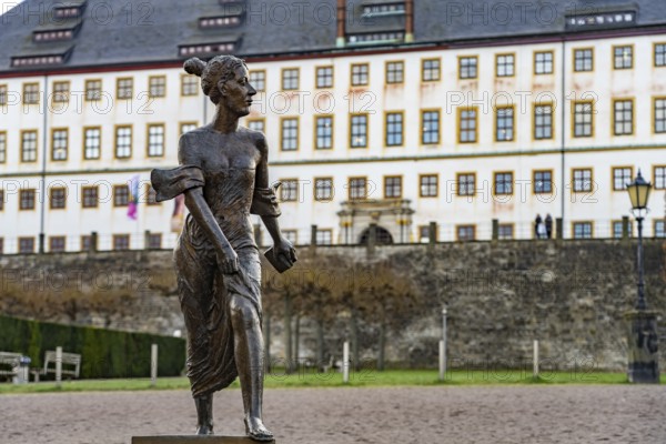 Bronze sculpture of Duchess Luise Dorothea of Saxe-Gotha-Altenburg in front of Friedenstein Castle