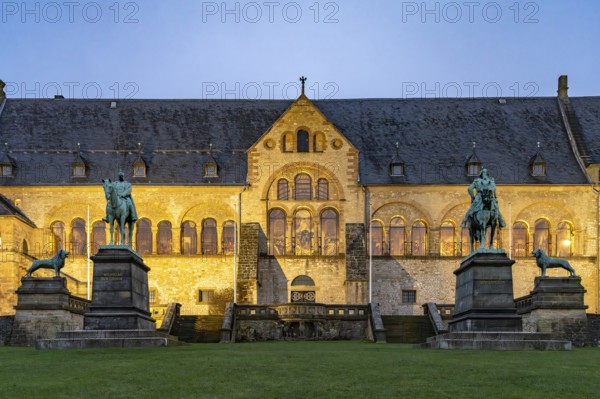 The Imperial House of the Romanesque Imperial Palace, UNESCO World Heritage Site in Goslar at dusk,