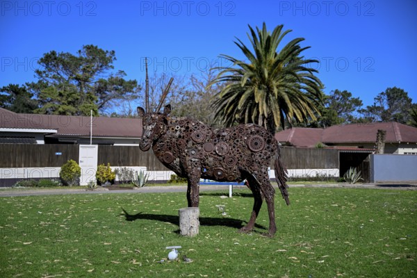 Oryx sculpture by the artist Shivute in the park on 8th Street, Oranjemund, Diamond Sperrgebiet,