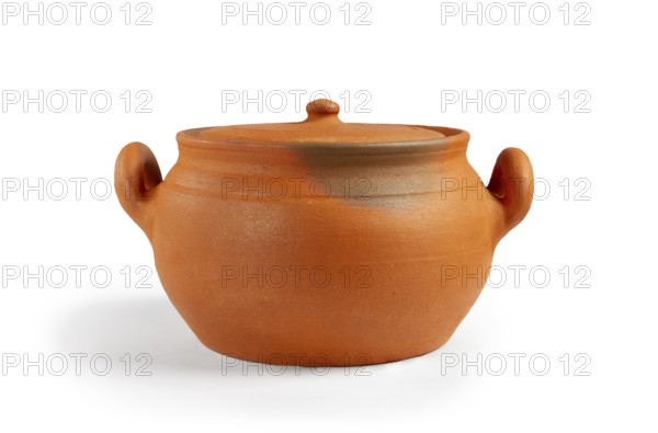 A handmade clay pot with a lid, on a white background, traditional craftsmanship, Georgian clay
