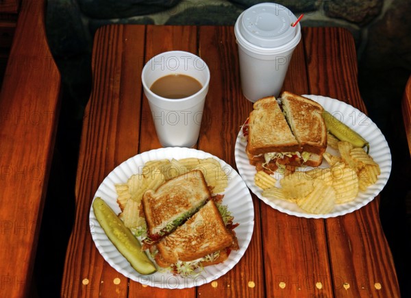 BLT, bacon, lattuce, tomato with chips and coffee in plastic cups, served in a diner, Marksboro,