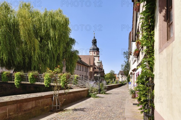 Ettlingen, Germany - August 13th 2025: Street in old historic city center with flower-covered