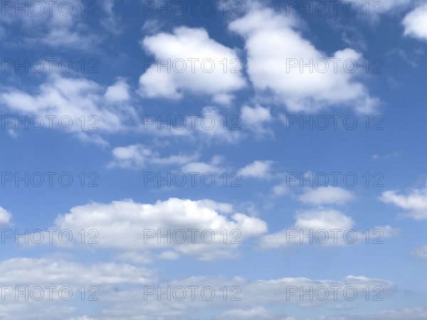 Different types of white cumulus clouds under blue sky above Cirrocumulus clouds below Altocumulus