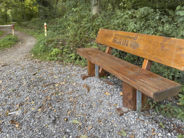 Wooden bench RVR bench with branded lettering Regionalverband Ruhr on cycle path Hiking trail in