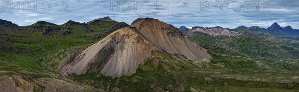 Mountains, coast, summer, aerial view, morning light, volcanic, cloudy, panorama, Faskrudsfjördur,