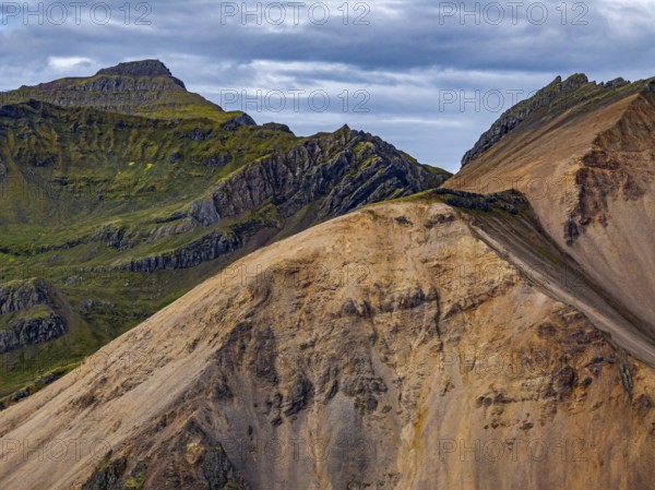 Mountains, coast, summer, aerial view, morning light, volcanic, cloudy, Faskrudsfjördur, East