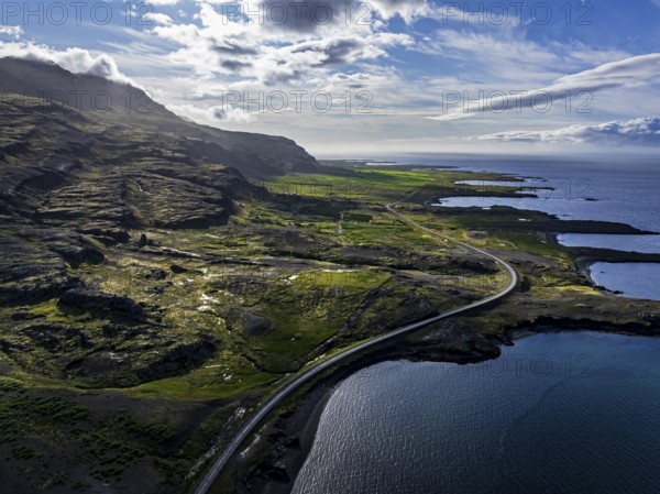 Mountains, morning light, fjord, coast, summer, road, coastal road, backlight, aerial view,