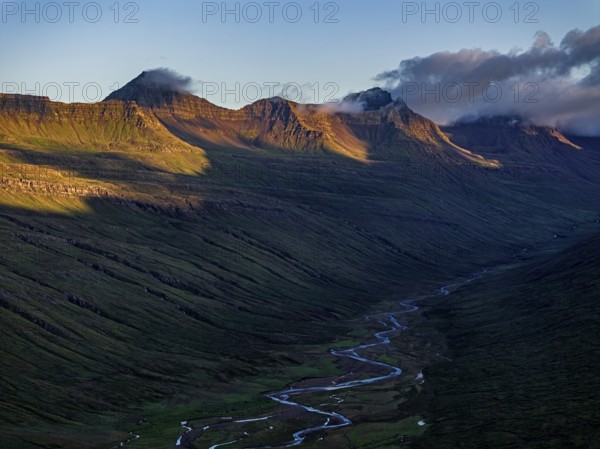 Mountains, morning light, river, river delta, river course, coast, summer, aerial view,