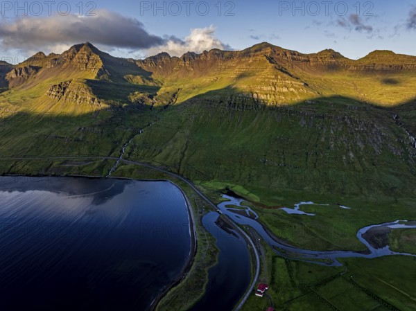 Mountains, Morning light, Fjord, Coast, Summer, Aerial view, Road, Stodvarfjördur, East Fjords,