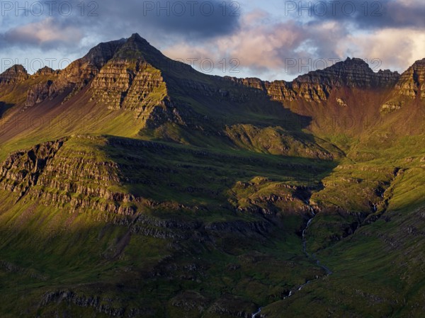 Mountains, morning light, valley, river, river course, coast, summer, aerial view, Stodvarfjördur,