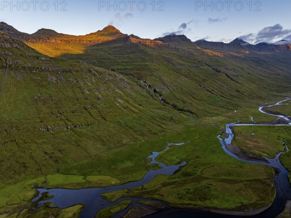 Mountains, morning light, valley, river, river course, river delta, coast, summer, aerial view,
