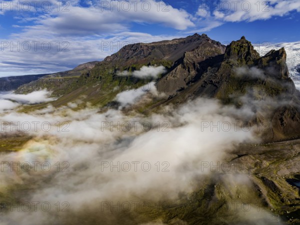 Glacier, sunny, morning mood, mountains, fog, aerial view, summer, Kviarjökull, Vatnajökull,