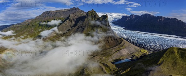 Glacier, glacier tongue, sunny, morning mood, mountains, fog, aerial view, panorama, summer,