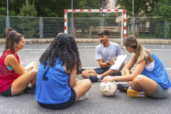 Soccer coach sitting on the ground with clipboard explaining game strategy to female players