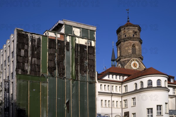 Construction site, controversial building project of René Benko's insolvent Signa company, logo,