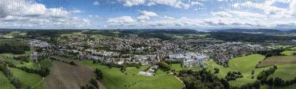 Aerial view, panorama of the town of Stockach in Hegau, Lake Constance on the horizon on the right,