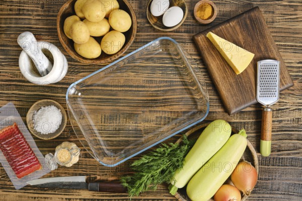 A variety of fresh ingredients are arranged on a wooden table, including potatoes, zucchini,
