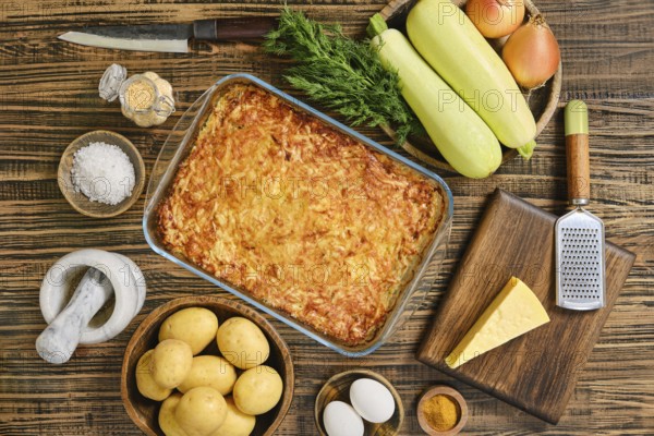 Loaded baked potato casserole sits in a glass dish surrounded by fresh vegetables and spices.