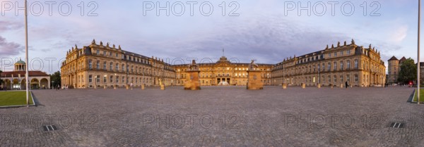 Evening atmosphere at Schlossplatz Stuttgart. View of the New Palace. Panoramic photo. Stuttgart,