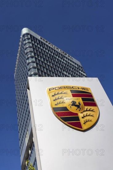 Porsche Centre Stuttgart. Façade with the car manufacturer's logo. Porsche Design Tower. Stuttgart,