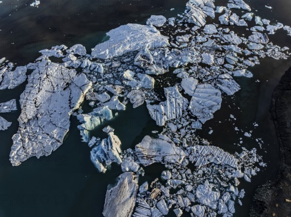 Ice floes, morning mood, reflection, aerial view, summer, glacier lagoon, Jökulsarlon, Vatnajökull,