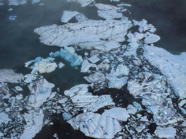 Ice floes, fog, clouds, morning mood, reflection, aerial view, summer, glacier lagoon, Jökulsarlon,
