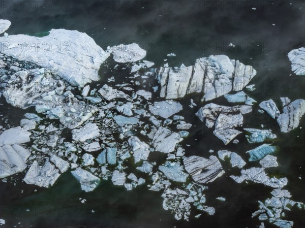 Ice floes, fog, morning mood, reflection, aerial view, summer, glacier lagoon, Jökulsarlon,