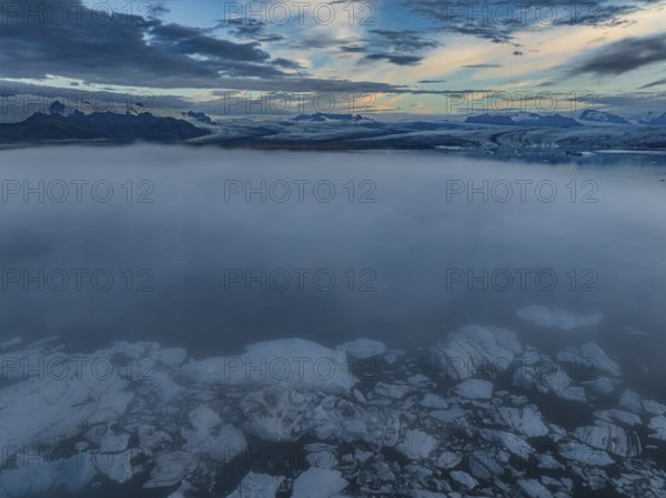 Ice floes, glacier, glacier tongue, fog, clouds, morning mood, reflection, aerial view, summer,
