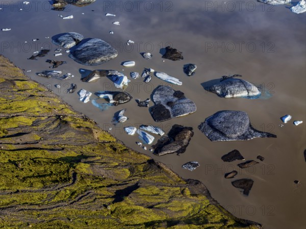 Ice floes, glacial lake, sunny, morning mood, reflection, aerial view, summer, Kviarjökull,