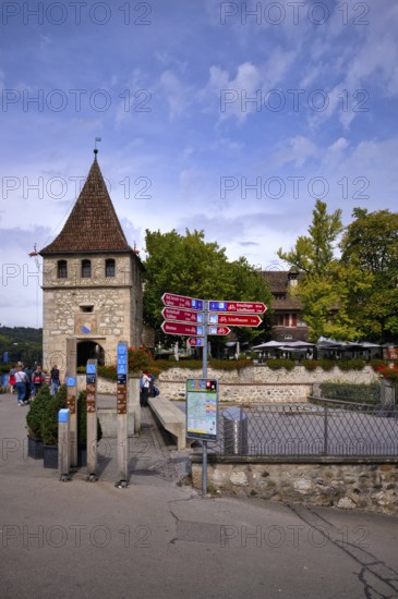 Historic defence defence tower, tower, visitors, tourists, signs, signposts, restaurant, Laufen
