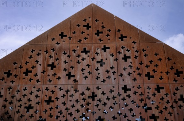 Building, roof, made of metal, with Swiss crosses, Rhine Falls Schaffhausen, waterfall,